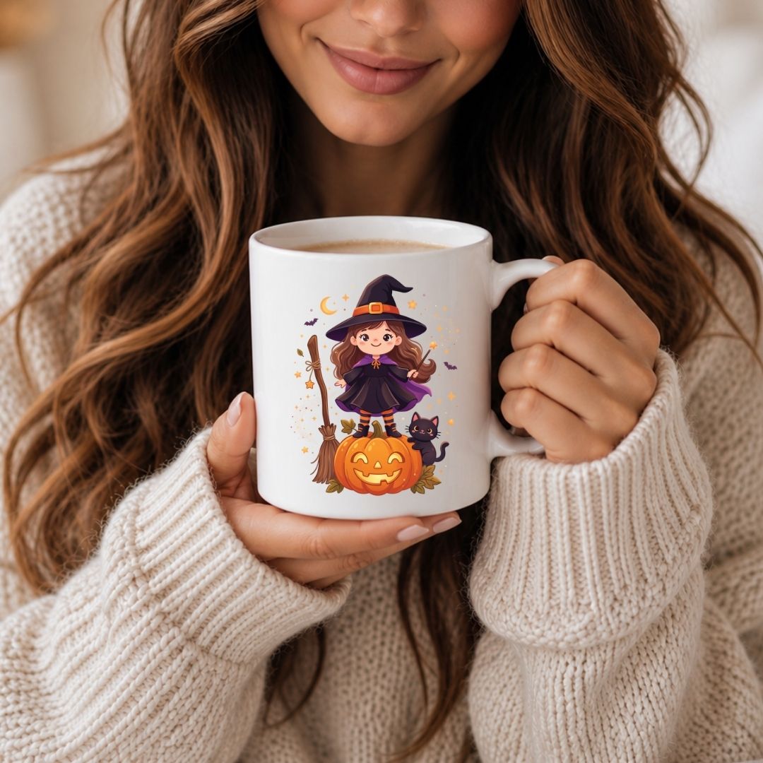 A large lavender purple insulated travel tumbler with a handle, featuring a seasonal little witch graphic design, held against a scenic mountain lake backdrop.