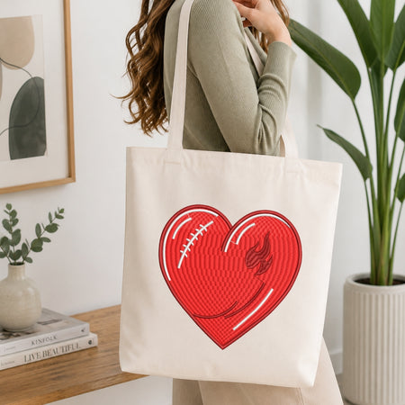 Football Heart Canvas Tote Bag, Custom Embroidered Tote Mockup, Game Day Accessories Pattern, Machine Embroidery Project Idea