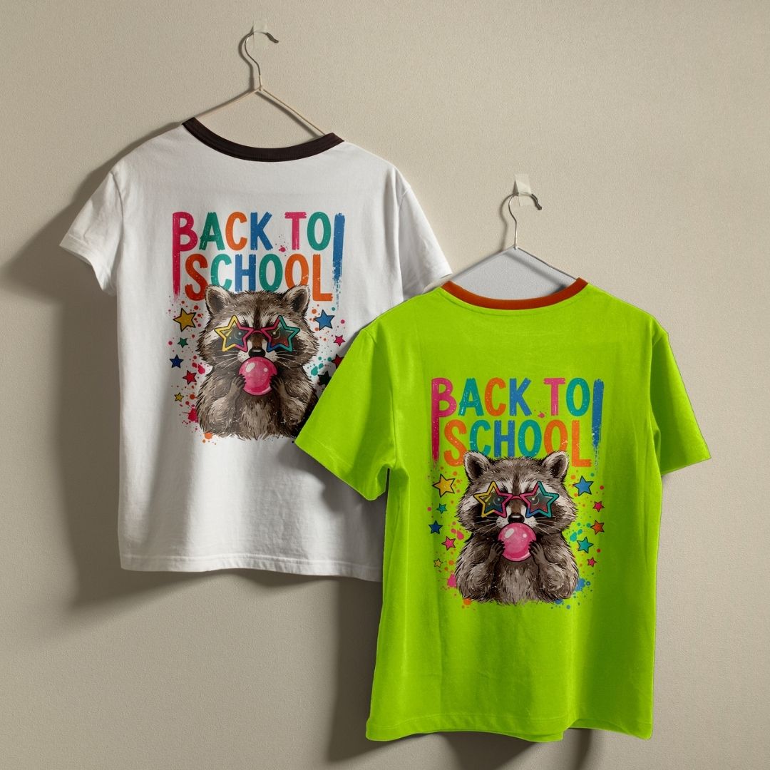 Two kids' ringer t-shirts displayed on hangers against a neutral beige wall. One shirt is white with a black collar trim, and the other is neon lime green with a red collar trim.