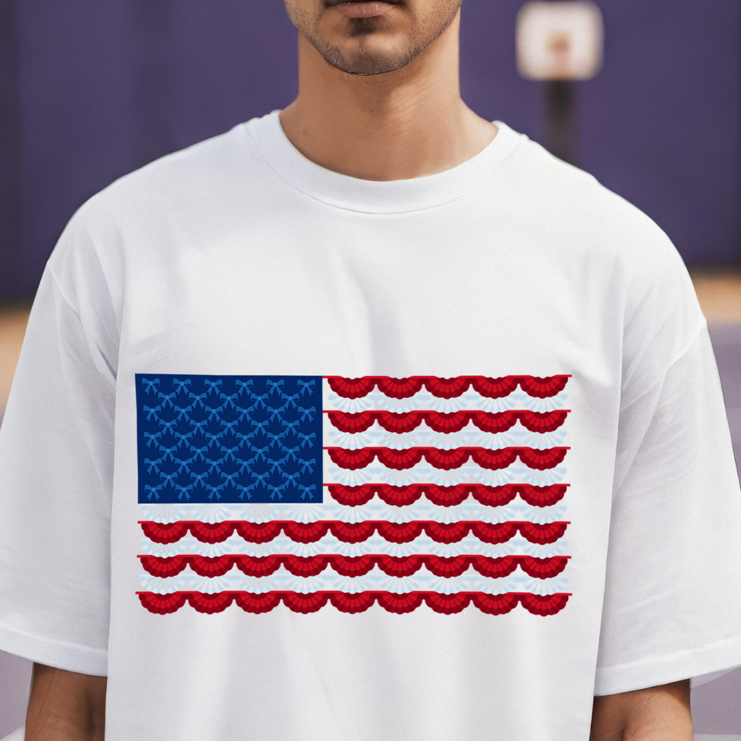 Person wearing a white t-shirt with an American flag design.