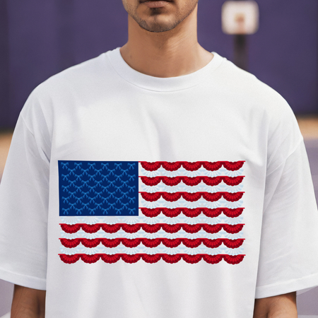 Person wearing a white t-shirt with an American flag design.