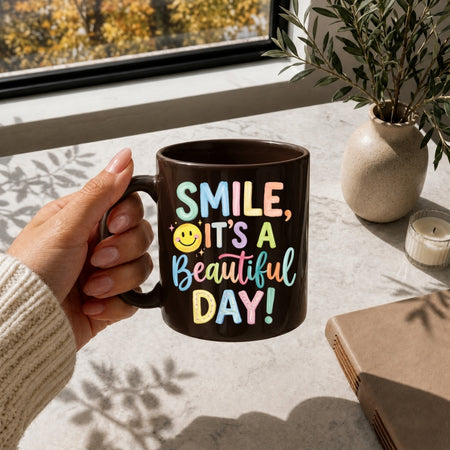 A hand holds a dark brown ceramic mug with the text 'SMILE, IT'S A Beautiful DAY!' in pastel colors and a yellow smiley face. The mug is shown in a cozy indoor setting near a window with plant shadows, a vase, and a candle.