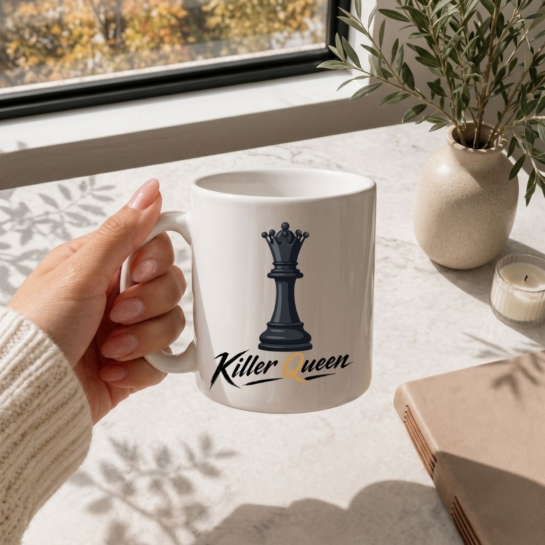 Hand holding a mug with a chess piece design and ' Killer Queen' text on a table with a window and plant in the background.