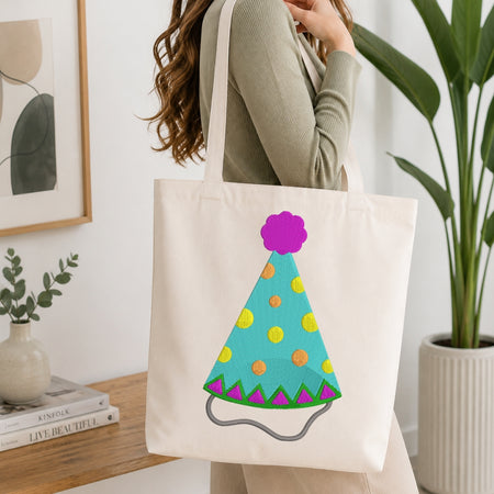 Birthday Party Hat Canvas Tote Bag, Custom Embroidered Tote Mockup, Celebration Accessories Pattern, Machine Embroidery Project Idea