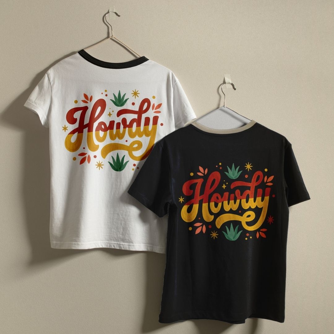 A white ringer t-shirt with a black collar and a dark black t-shirt hanging on a wall, showcasing the retro "Howdy" digital design asset.