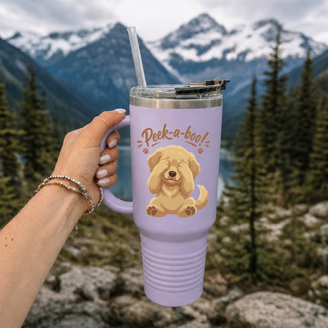 Lavender Travel Tumbler with Cute Puppy Design in Alpine Setting