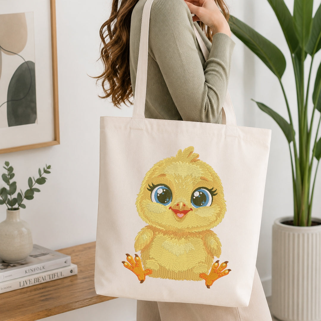 A woman wearing a sage green ribbed long-sleeve top carries a cream canvas tote bag featuring a cute yellow cartoon chick illustration. The scene is set in a bright, modern room with a wooden table, books, a small vase, and a potted plant.