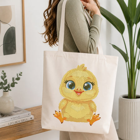 A woman wearing a sage green ribbed long-sleeve top carries a cream canvas tote bag featuring a cute yellow cartoon chick illustration. The scene is set in a bright, modern room with a wooden table, books, a small vase, and a potted plant.
