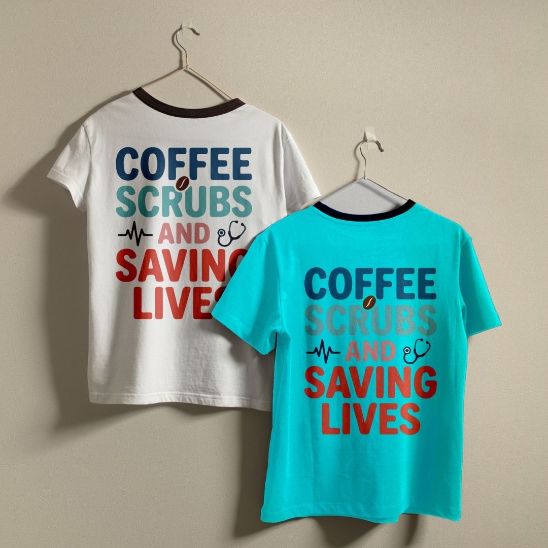 Two graphic t-shirts displayed on hangers against a plain beige wall. The back of a white ringer t-shirt and the front of a turquoise ringer t-shirt both feature the text 'COFFEE SCRUBS AND SAVING LIVES' in blue, teal, and red lettering with small medical icons.
