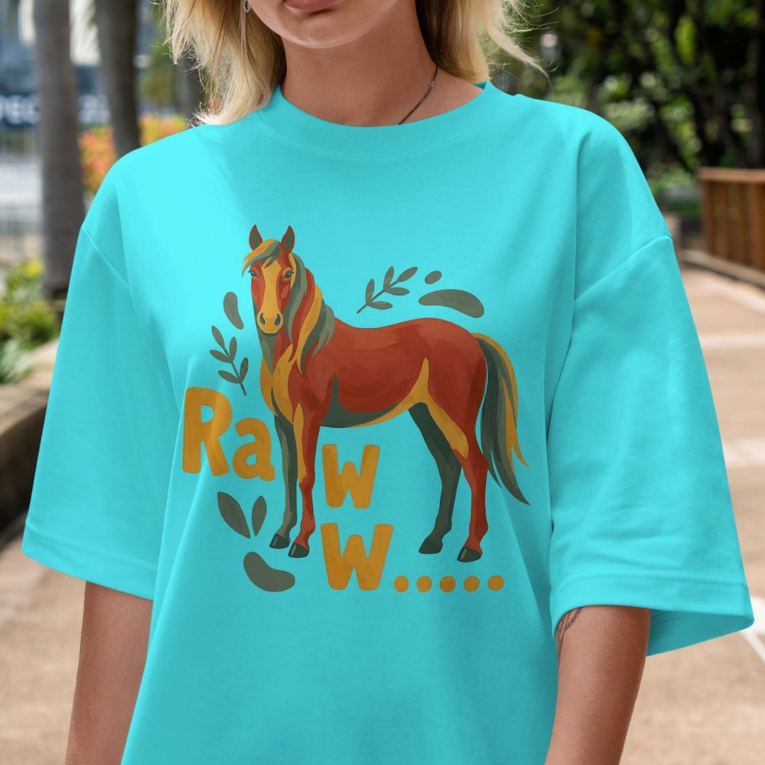 Person wearing a turquoise t-shirt with a horse graphic and 'Raww' text.