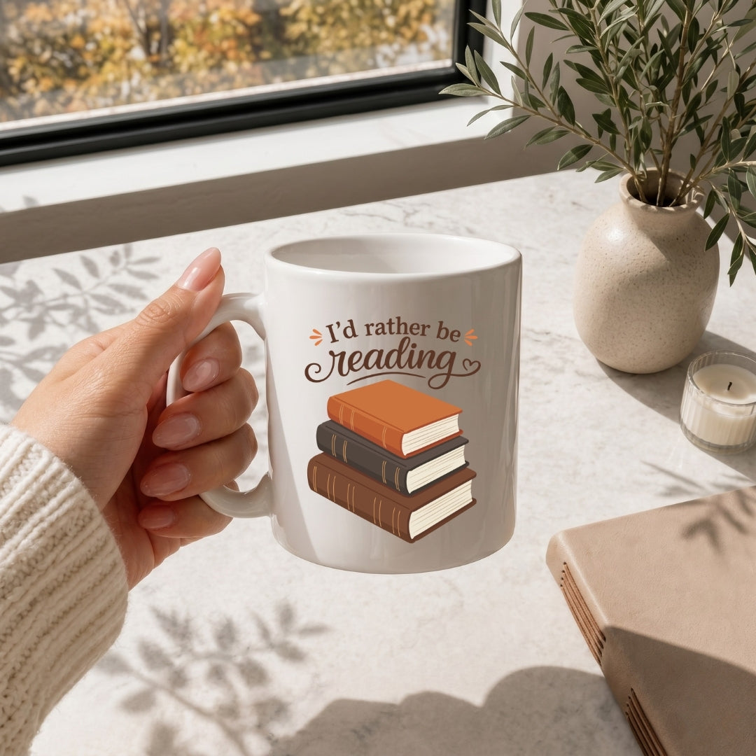 White Ceramic Mug with Stack of Books Mockup