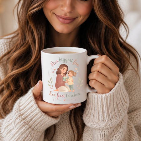 Close-up of a woman with long wavy hair holding a white ceramic coffee mug featuring the heartwarming mother and daughter illustration and text Her biggest fan, her first teacher.