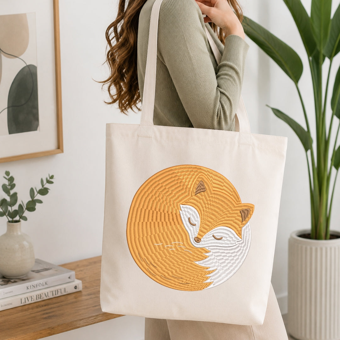 Cute Sleeping Fox Canvas Tote Bag, Custom Embroidered Tote Mockup, Woodland Animal Accessories Pattern, Machine Embroidery Project Idea