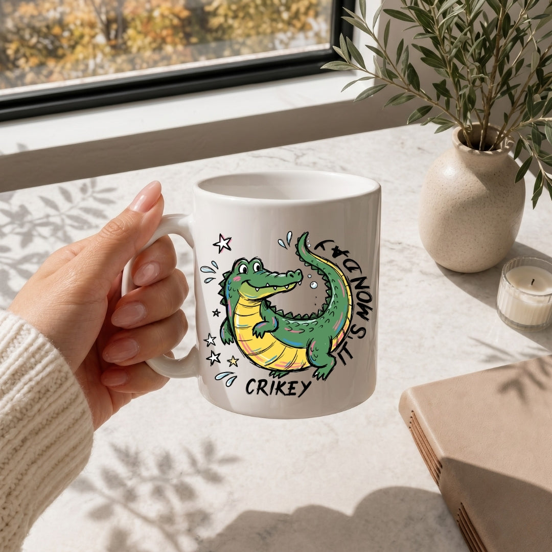 White Ceramic Coffee Mug with Funny Crocodile Print Mockup