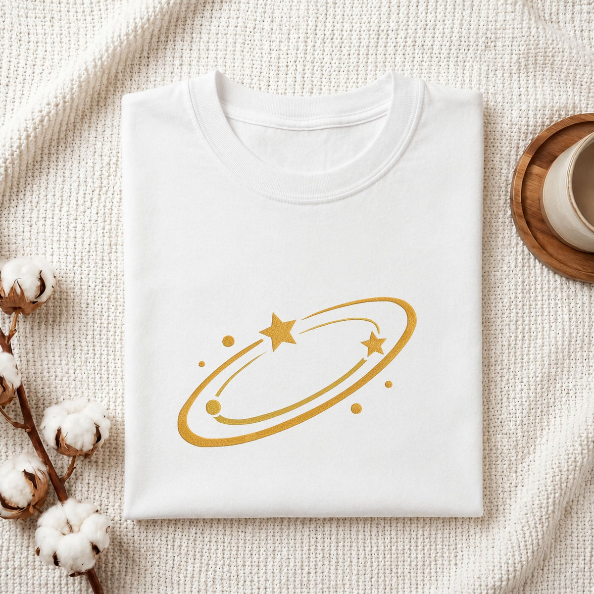 Folded white cotton t-shirt mockup featuring a golden swirling star machine embroidery design, styled with cotton stems and a wooden cup