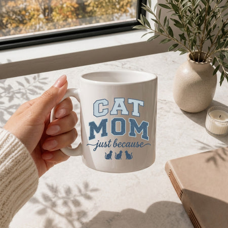 Hand holding a white ceramic coffee mug printed with a blue "Cat Mom just because" retro graphic design on a sunlit marble tabletop.