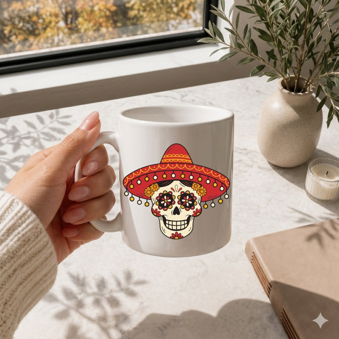 A hand holds a white ceramic mug featuring a colorful sugar skull with a red and orange sombrero, set on a light marble tabletop near a window with a plant and candle in the background.