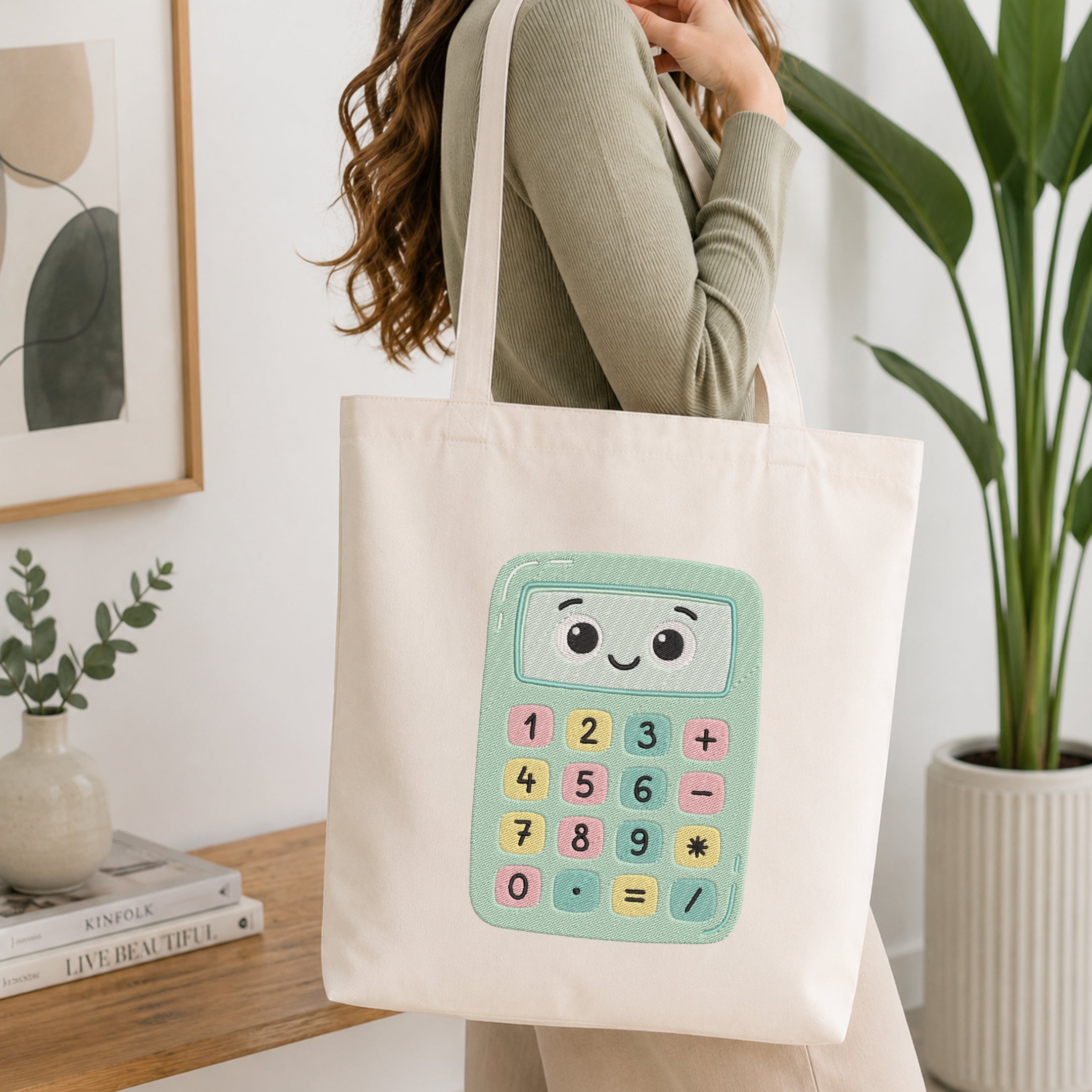 A woman wearing a sage green ribbed long-sleeve top carries a cream canvas tote bag with a cute, colorful cartoon calculator character printed on the front. The scene is set in a bright, modern room with a wooden side table, a potted plant, and framed wall art.
