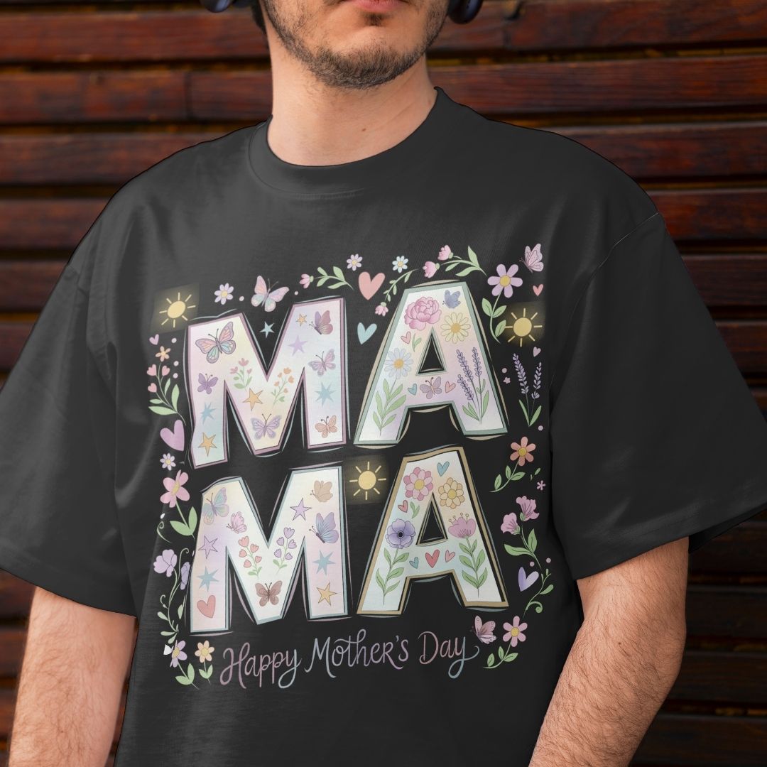 Black t-shirt with floral 'MAMA' design and 'Happy Mother's Day' text on a wooden background