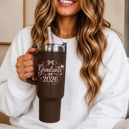 Class of 2026 Travel Tumbler with Handle, Graduate 40oz Straw Cup, Dark Brown Insulated Travel Mug for Seniors, Stainless Steel Graduation Gift