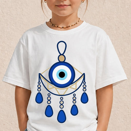 White kids t-shirt mockup displaying a hanging evil eye amulet with blue teardrop charms.