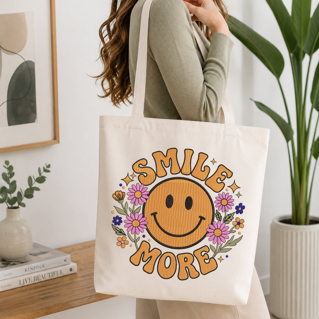 Retro Groovy Smiley Face Canvas Tote Bag, Custom Embroidered Tote Mockup, Smile More Floral Accessories Pattern, Machine Embroidery Project Idea