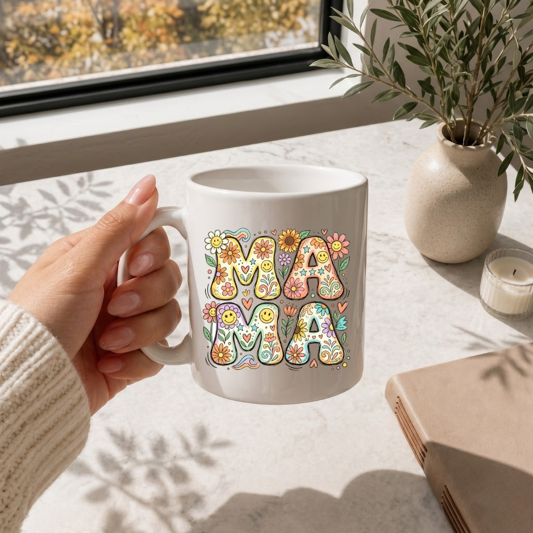 Hand holding a white ceramic coffee mug printed with a colourful retro floral "MAMA" stacked typography design on a sunlit marble counter.
