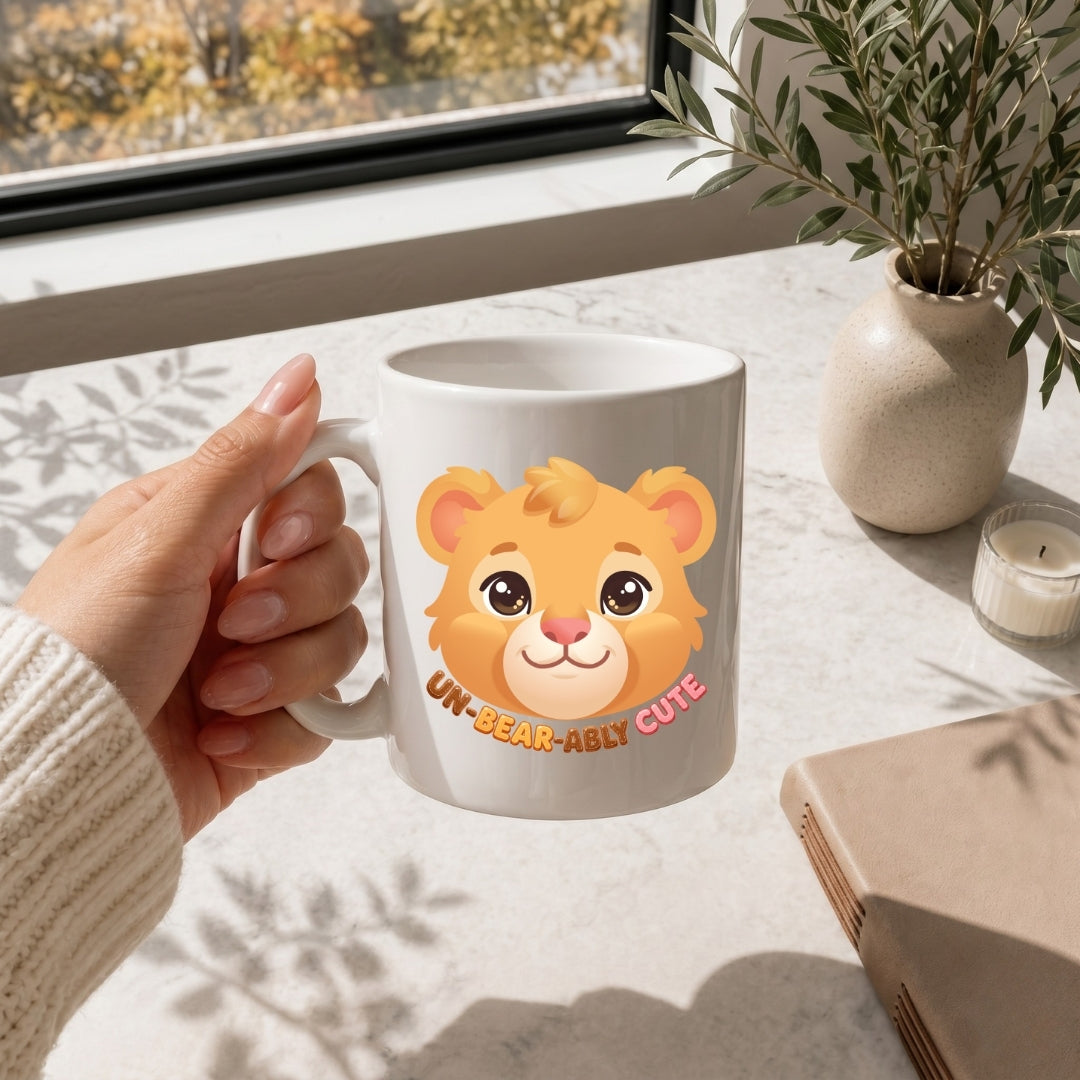 A hand holding a white ceramic coffee mug featuring a cute cartoon bear face illustration and text Un-Bear-Ably Cute on a sunny marble surface.