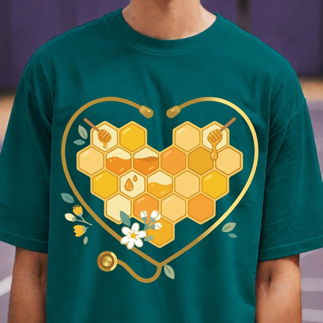 Green t-shirt with a heart-shaped honeycomb design on a blurred background