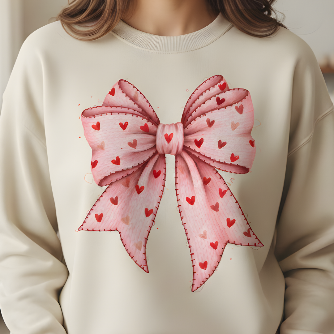 Beige sweatshirt with a large pink bow design featuring small hearts on a neutral background