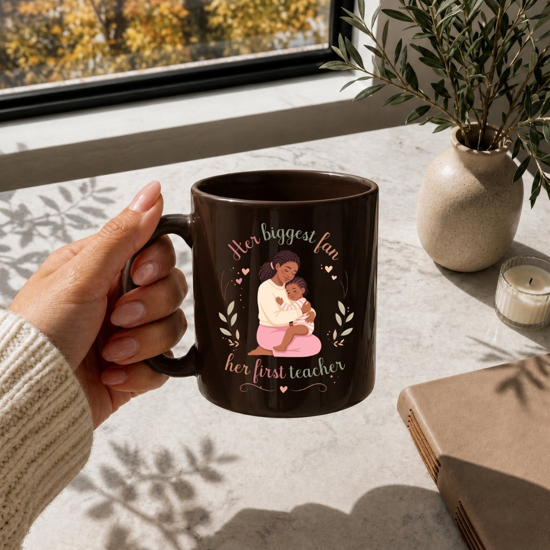 Close-up of a woman with long wavy hair holding a white ceramic coffee mug featuring the heartwarming mother and daughter illustration and text Her biggest fan, her first teacher.