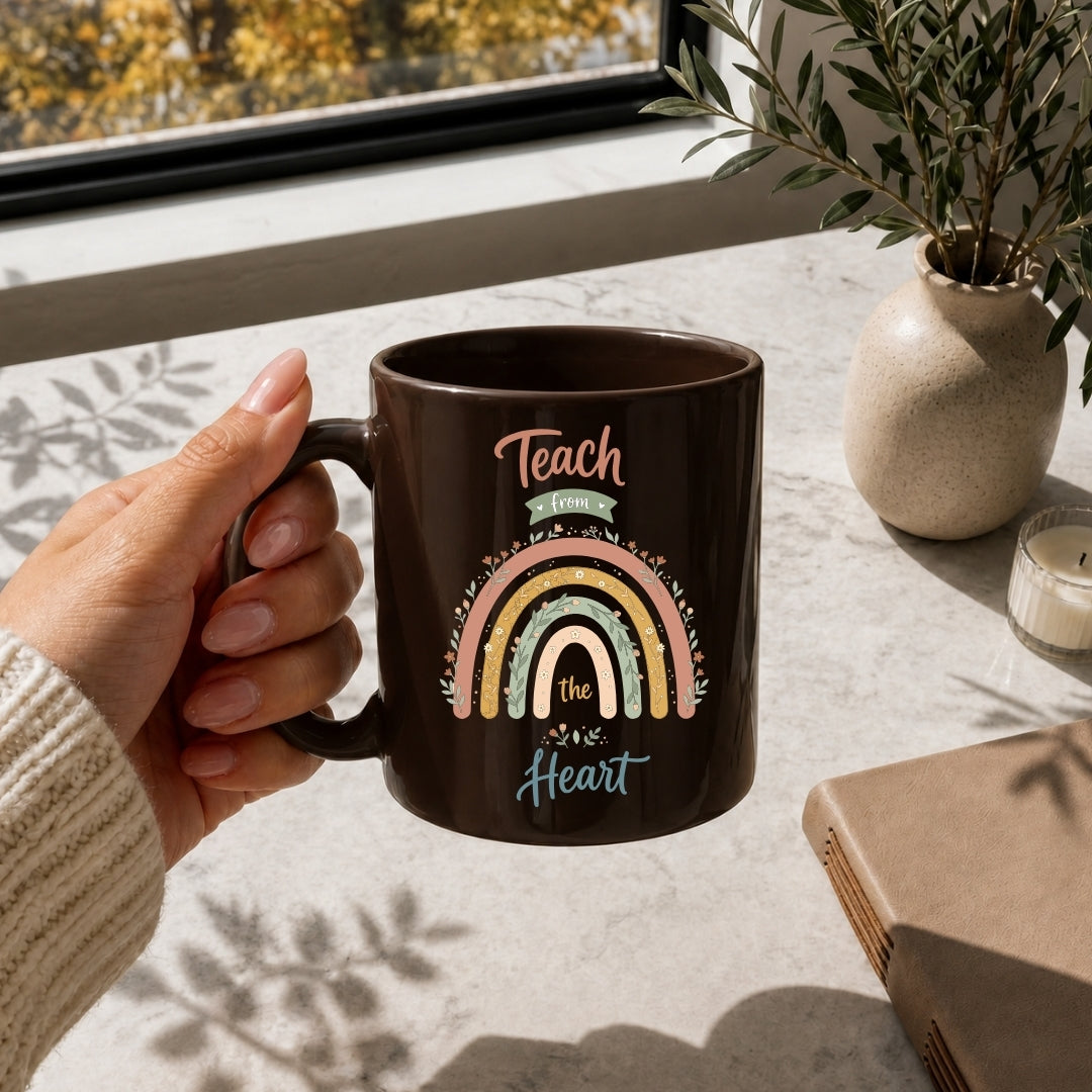 Person holding a mug with a rainbow design and text, placed on a table with a notebook and plant.