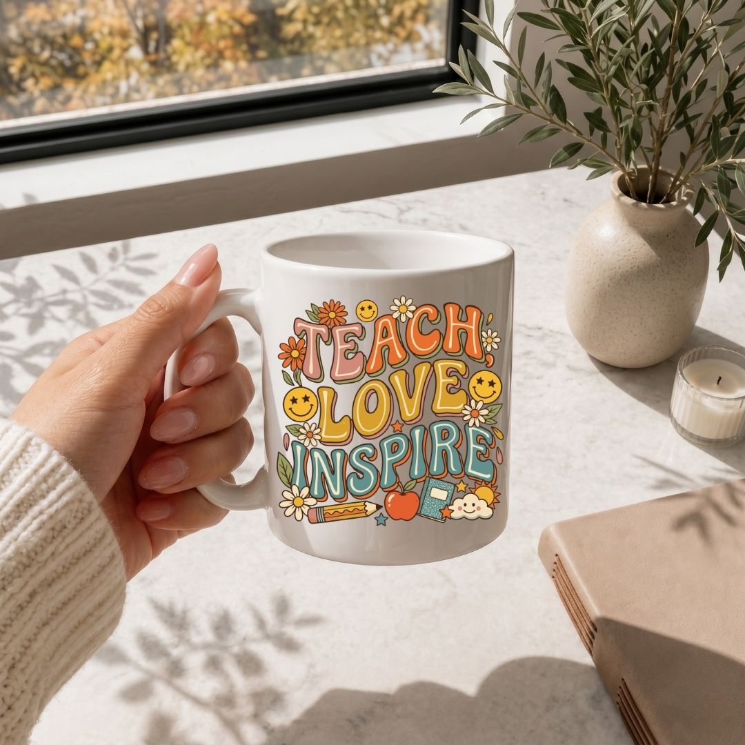 Hand holding a white ceramic coffee mug printed with the retro "TEACH LOVE INSPIRE" educational illustration.