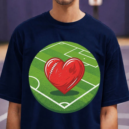 Navy blue t-shirt with a red heart and football design on a green field background.
