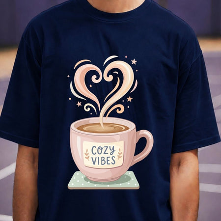 Navy blue t-shirt with a pink coffee cup graphic and 'Cozy Vibes' text on a blurred background