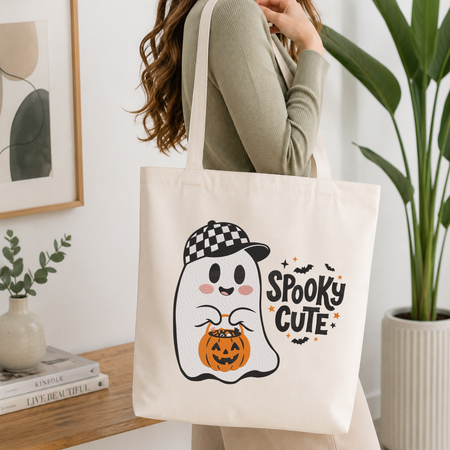  Woman carrying a white natural canvas tote bag featuring a "Spooky Cute" ghost wearing a checkered baseball cap machine embroidery design in a bright, modern interior setting   