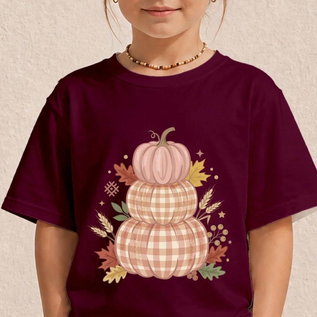 A child wearing a dark burgundy t-shirt with a graphic of three stacked pumpkins in plaid patterns, surrounded by autumn leaves and stars.