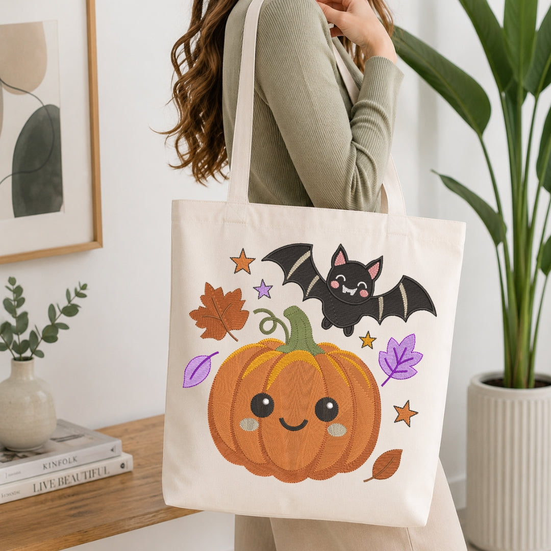 A person wearing a ribbed sage green top carries a cream canvas tote bag decorated with a cute orange pumpkin, a black bat, and autumn leaves and stars, set against a bright, modern indoor background with a wooden table and potted plants.