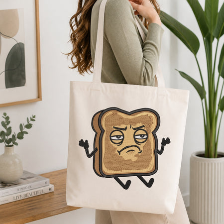 A person wearing a sage green ribbed sweater carries a cream canvas tote bag with a cartoon graphic of a grumpy slice of toast with arms and legs. The scene is set in a bright, modern room with a wooden table, books, a small vase, and a potted plant.