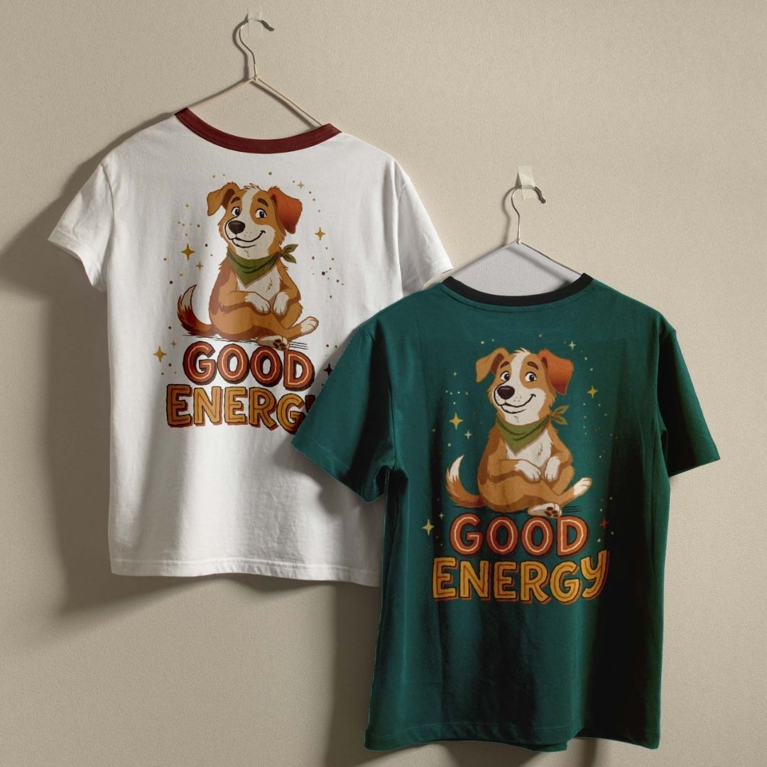 Two graphic t-shirts hanging on hangers against a plain beige wall. The left shirt is white with a dark red collar trim and features a cartoon dog wearing a green bandana with the text 'GOOD ENERGY'.