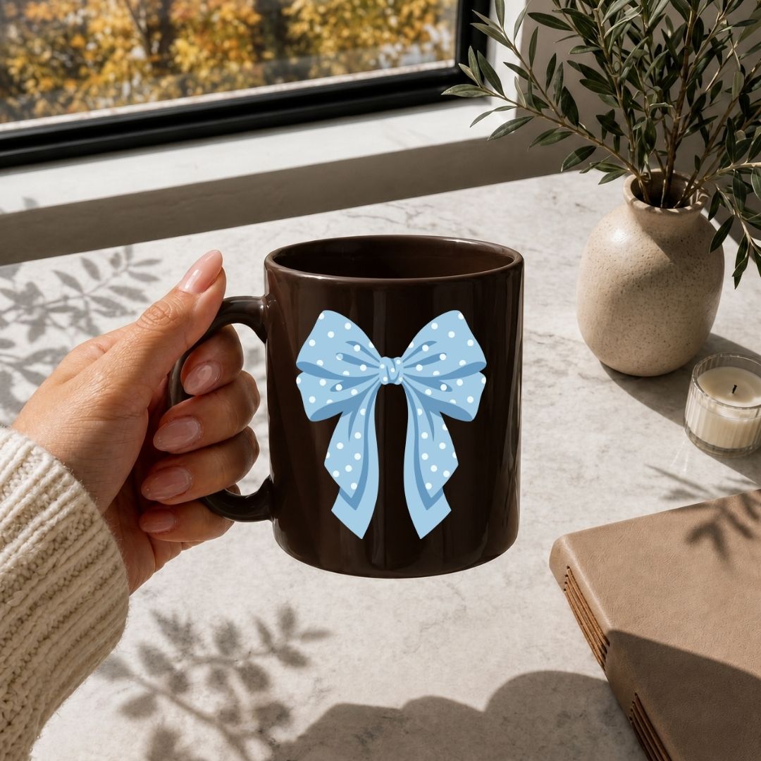 A hand holding a dark brown ceramic mug with a light blue polka-dot bow graphic, set on a marble tabletop near a window with a plant and candle in the background.