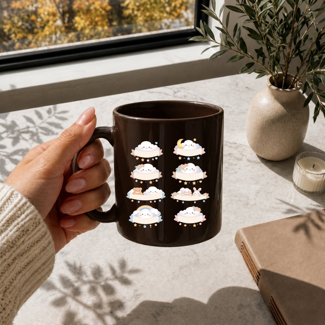 Person holding a dark brown insulated tumbler featuring the eight kawaii cloud banner designs.