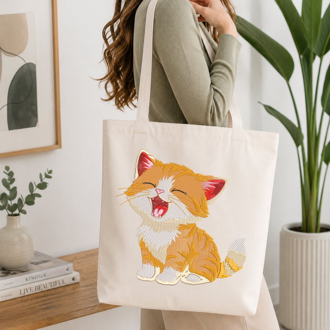 Cute Tabby Cat Canvas Tote Bag, Custom Embroidered Tote Mockup, Yawning Kitten Accessories Pattern, Machine Embroidery Project Idea