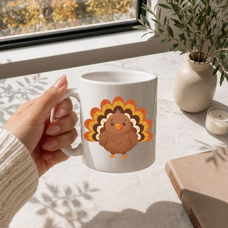 White mug with 'MAMA' design held by a hand on a table with a window and plant in the background.