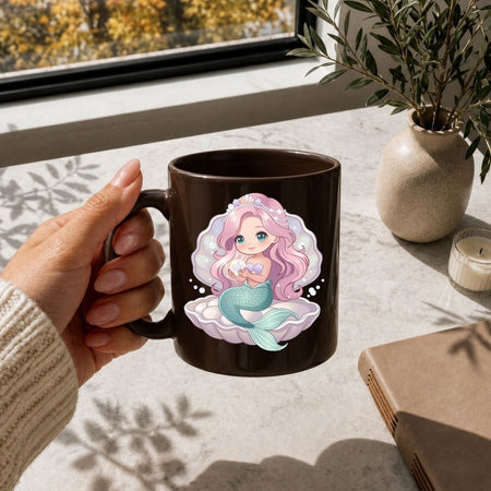 A hand holds a dark brown ceramic mug featuring a cute cartoon mermaid with pink hair and a teal tail sitting on a shell. The mug is shown in a bright, modern room setting with a window, a potted plant, and a candle in the background.