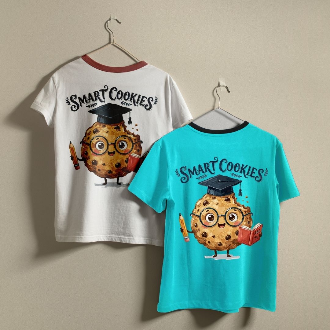 Retro School Ringer Tees Mockup, White and Teal Smart Cookies Shirts, Cute Graduate Cookie Graphic Tops, Matching Best Friends School Outfits