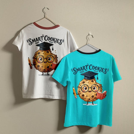 Retro School Ringer Tees Mockup, White and Teal Smart Cookies Shirts, Cute Graduate Cookie Graphic Tops, Matching Best Friends School Outfits