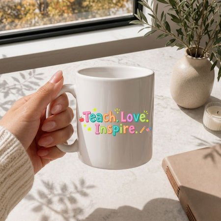 Teacher Appreciation Coffee Mug SVG, Teach Love Inspire Cup Design, Transparent School Apple PNG Wrap