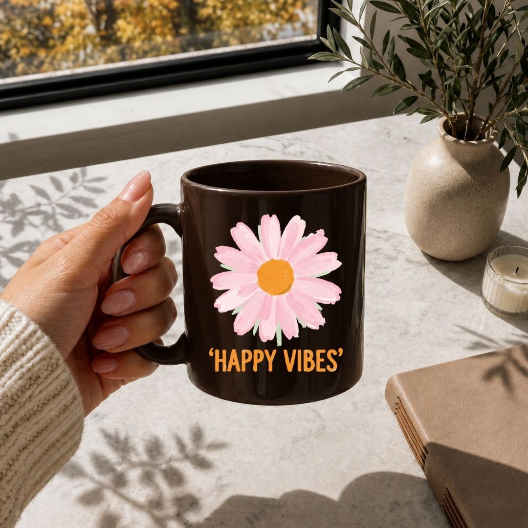 A hand holds a dark brown ceramic mug with a pink daisy graphic and the text "HAPPY VIBES" in orange, set on a light stone tabletop near a window with a plant and candle in the background.