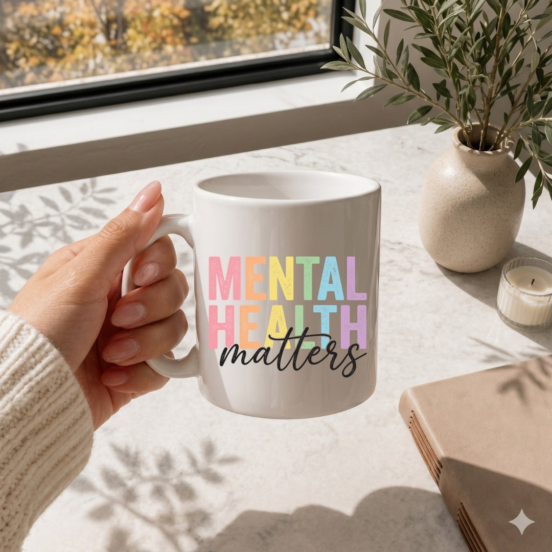 A hand holds a white ceramic mug with the text 'MENTAL HEALTH matters' printed on it in pastel rainbow letters and black script. The mug is shown in a bright, sunlit room near a window, with a potted plant, candle, and book in the background.